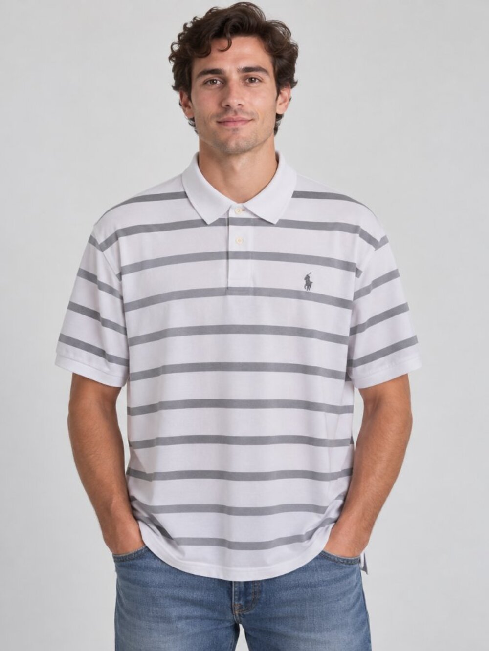 Polo by Ralph Lauren Men’s L Cream Gray Striped Polo Shirt 100% Cotton
